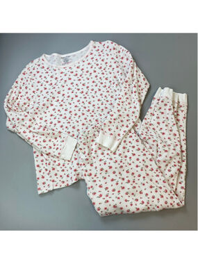 Waffle-Knit Floral Pajama Set - White with Pink Rose Print